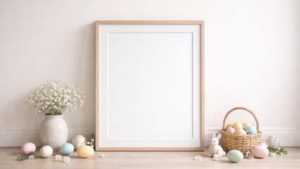 Obraz premium A serene spring setup featuring a blank frame, flowers, colorful eggs, and a cozy basket, perfect for festive decoration.