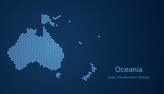 Abstract digital grid map of Oceania in blue hex style