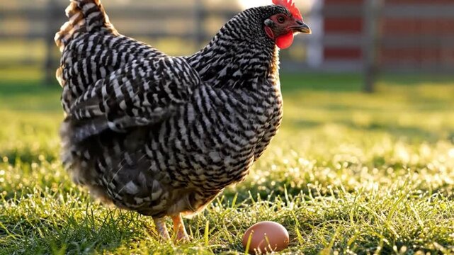 A speckled hen stands near a single brown egg in a grassy field