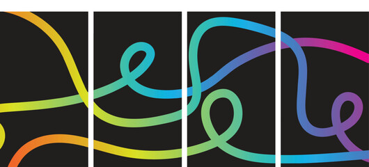 Vibrant multicolor neon light graffiti art on black background divided into four panels