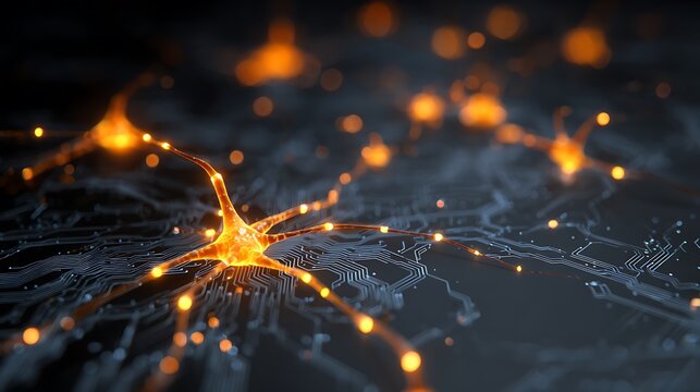 Glowing neuron network rendered in high detail, showcasing connections and digital circuits