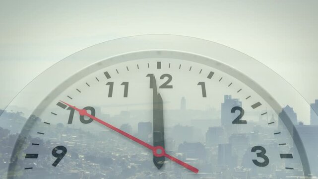 Sequence starting, clockface animating red hand rotating clockwise revealing skyline, showing time