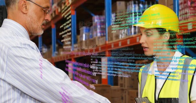 Warehouse associate using scanner after manager pointing, code overlay verifying inventory on jack