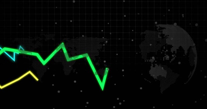Data pulse arriving, three neon line graphs extending and spiking, visualizing data over globe grid