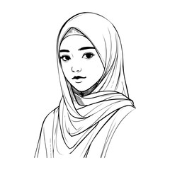 Dibujo sencillo con líneas de la cabeza de una chica joven musulmana con un pañuelo tapando el cabello © teracreonte
