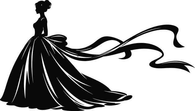 Elegant woman silhouette in long flowing black ball gown with train, vector isolated on white