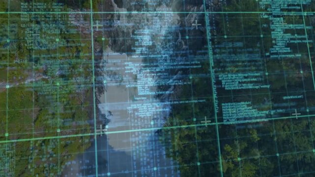Satellite scanning activating overlay, cyan grid highlighting river with flowing code for mapping