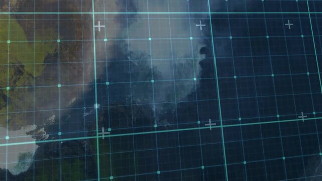 Guide shifting, teal grid overlay panning, aligning reticle, centering plume, mapping cliffs