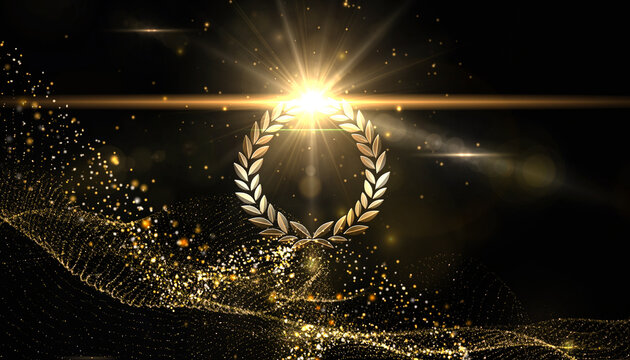 Golden laurel wreath with glowing particles on black　黄金の月桂冠と光の粒子が輝くアワード背景　デジタルイラスト