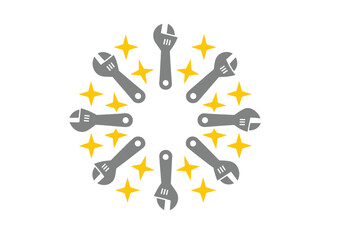 Naklejka premium Wrenches arranged in a circle with stars around them showing tools used in repair and maintenance work during a project in a workshop setting