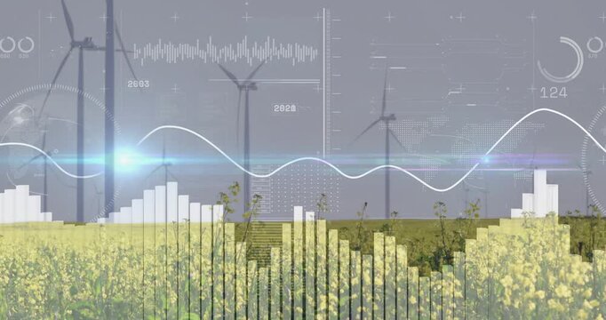 Wind turbines rotating on HUD activation, sine wave drawing, bars rising to show energy output