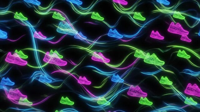 Neon glowing wireframe running shoes arranging in a dynamic seamless pattern with vibrant blue, green, and pink light trails moving on a black background, representing sport and movement