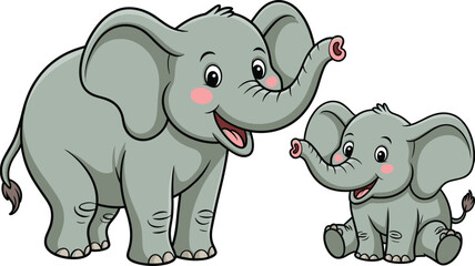 Cute cartoon elephant mother and baby illustration, happy animal family love bonding wildlife character design for kids © Nilufa Creative