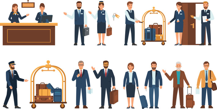 Hotel Staff and Guest Characters Set with Reception Service, Bellhop Luggage Cart, Concierge Assistance, Check In, and Hospitality Business Cartoon Vector Illustration