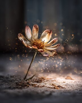 Fragile flower with petals damaged by harsh environment with dramatic lighting, Endurance and survival concept