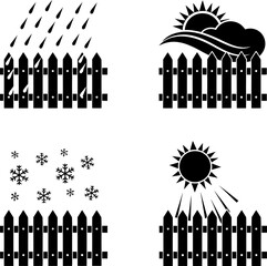 Four different weather conditions depicted with a fence in each illustration Vector