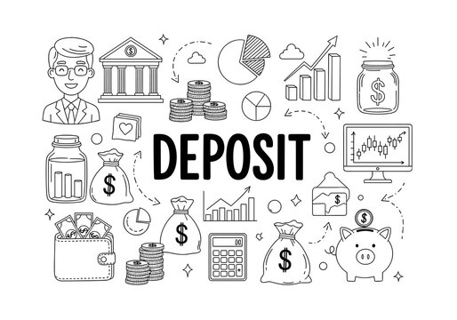 Various financial and banking doodles surround the bold word DEPOSIT, illustrating concepts of money and investment.