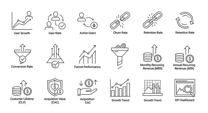 Set of outline icons depicting various business metrics and analytical concepts such as growth and revenue.