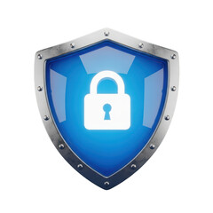 3D shield with a glowing padlock, representing security