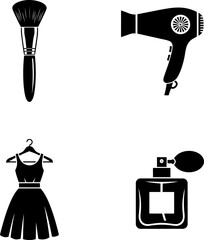 A collection of beauty and fashion items including a hairbrush, hairdryer, dress, and perfume. Vector
