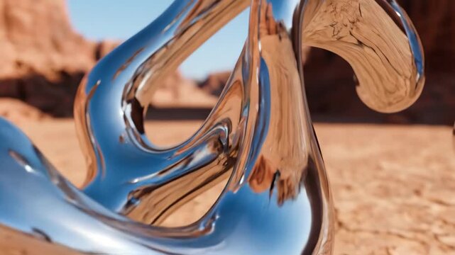 Liquid chrome sculpture floats above cracked desert floor with red rock canyon and clear blue sky, surreal futuristic contrast symbolizing transformation and adaptation