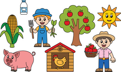 Cute cartoon farm illustration set, farmers animals crops apple tree corn pig chicken rural agriculture design © Nilufa Creative