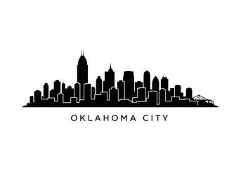 Fototapeta premium A black silhouette skyline of Oklahoma City featuring various tall buildings and a bridge with the city name below.