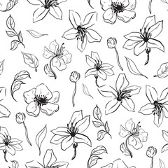 Obraz premium Seamless handmade pattern featuring various flowers and leaves vector graphics. The design is elegant and suitable for textiles or wallpaper.