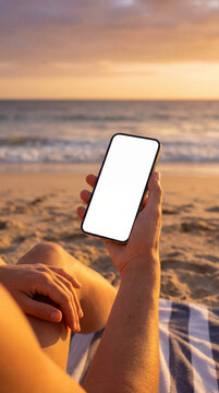 A person holding a phone at beach with the sky is changing to orange color with warm vibes. 