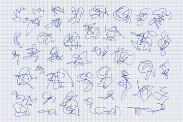 Obraz premium Abstract blue pen scribbles and doodles on graph paper background. Chaotic hand-drawn lines, random sketches and messy strokes. Concept of creativity, confusion, notes, education, design texture.