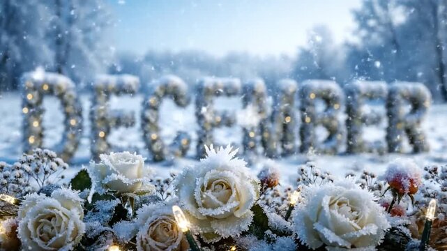 Snowy December sign with white roses and fairy lights, winter scene for greeting card or calendar