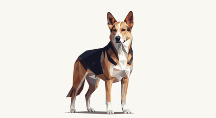 A low-poly vector illustration of a dog, with brown, black and white colors. Great for pet-related design, backgrounds, and modern aesthetic projects.