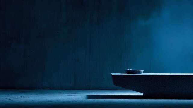 Moody interior with a textured wall, angular surface, and a small bowl. Deep blue hues