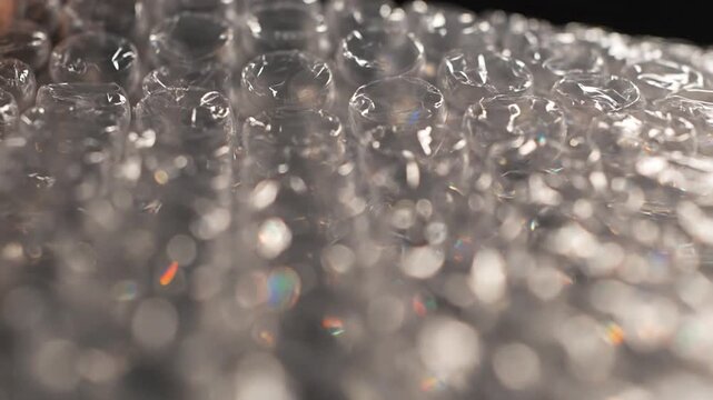 Close-up view of clear plastic bubble wrap texture with bokeh background