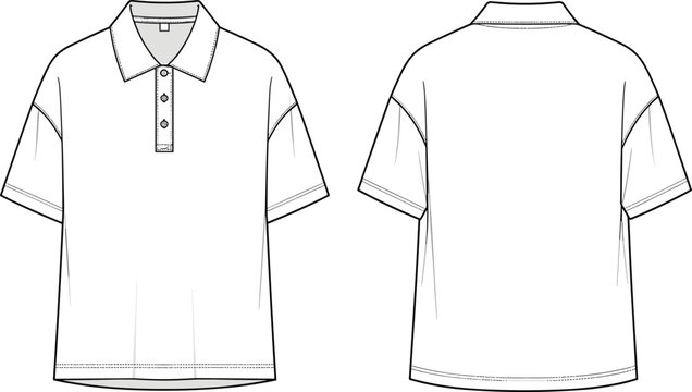 Oversized Polo Shirt Technical Fashion Sketch Vector Illustration for Apparel Design Development Featuring Front and Back Views and Drop Shoulder Details