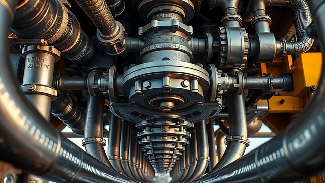 wellhead. Close-up of an industrial wellhead assembly with intricate steel pipes. safety posters, maintenance manuals, designed for precision metalworking and fabrication facilities.
