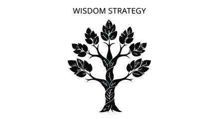 Obraz premium Black tree silhouette with leaves and roots, wisdom strategy symbol, minimalist logo, vector illustration for business concept