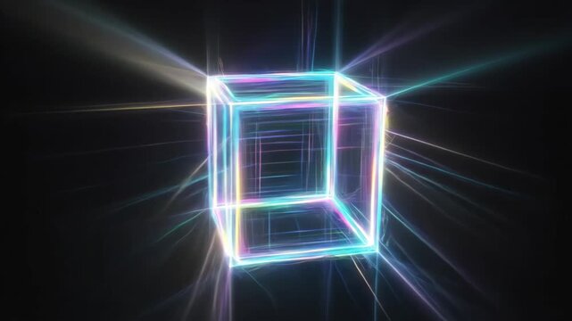 Holographic wireframe cube emitting vibrant light rays and reflections on a black background, representing technology, data, connections, and futuristic concepts with digital abstraction