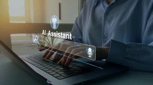 Person searching for information with the help of Ai assistant.Virtual assistant, artificial intelligence Bot and CRM software automation technology.Ai generator documents,bot writing and coding	
