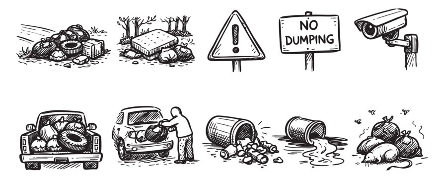 Hand drawn vector illustration showing scenes of illegal dumping. Ideal for environmental awareness campaigns, law enforcement, education, or design projects related to pollution or waste management.