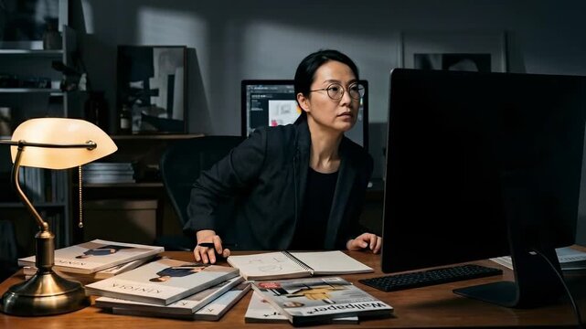 Focused Asian Woman Designing Late at Night in Modern Office