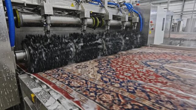 An automated industrial machine oughly cleans a large patterned rug with water