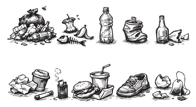 A collection of hand-drawn vector illustrations depicting various types of waste. Ideal for environmental awareness campaigns or educational materials about pollution.