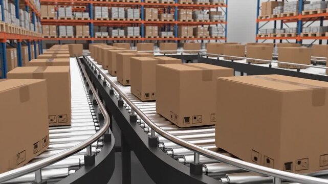Brown cardboard boxes move along a conveyor belt system in a warehouse.