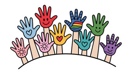 Fototapeta premium A vibrant collection of diverse, colorful cartoon hands are raised high, each with a cheerful face.