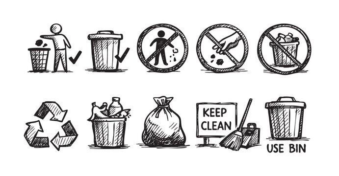 Hand-drawn illustration set featuring waste disposal, recycling, and anti-littering symbols. Perfect for educational materials, signage, infographics, or environmental awareness campaigns.