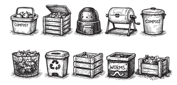 Black and white drawing of various compost bins and worm farms for zero waste gardening. Illustration for environmental conservation, sustainability, or organic gardening topics.
