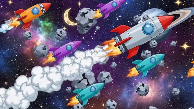 Brightly colored cartoon ets launch into a cosmic adventure among stars