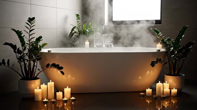 Steaming white bathtub surrounded by burning candles and green zamioculcas plants in a moody grey tiled bathroom, concept of relaxation and home spa atmosphere