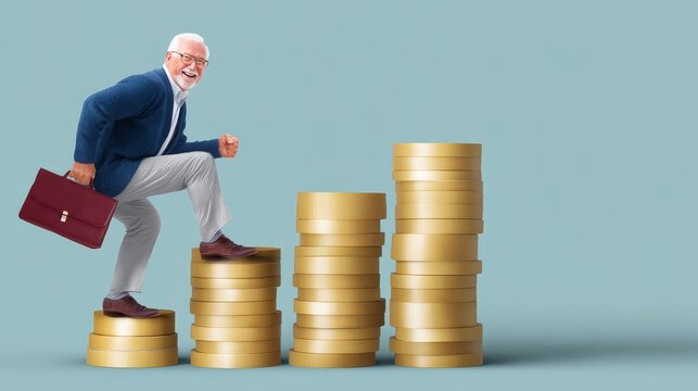 Elderly caucasian male climbing coin stacks with briefcase